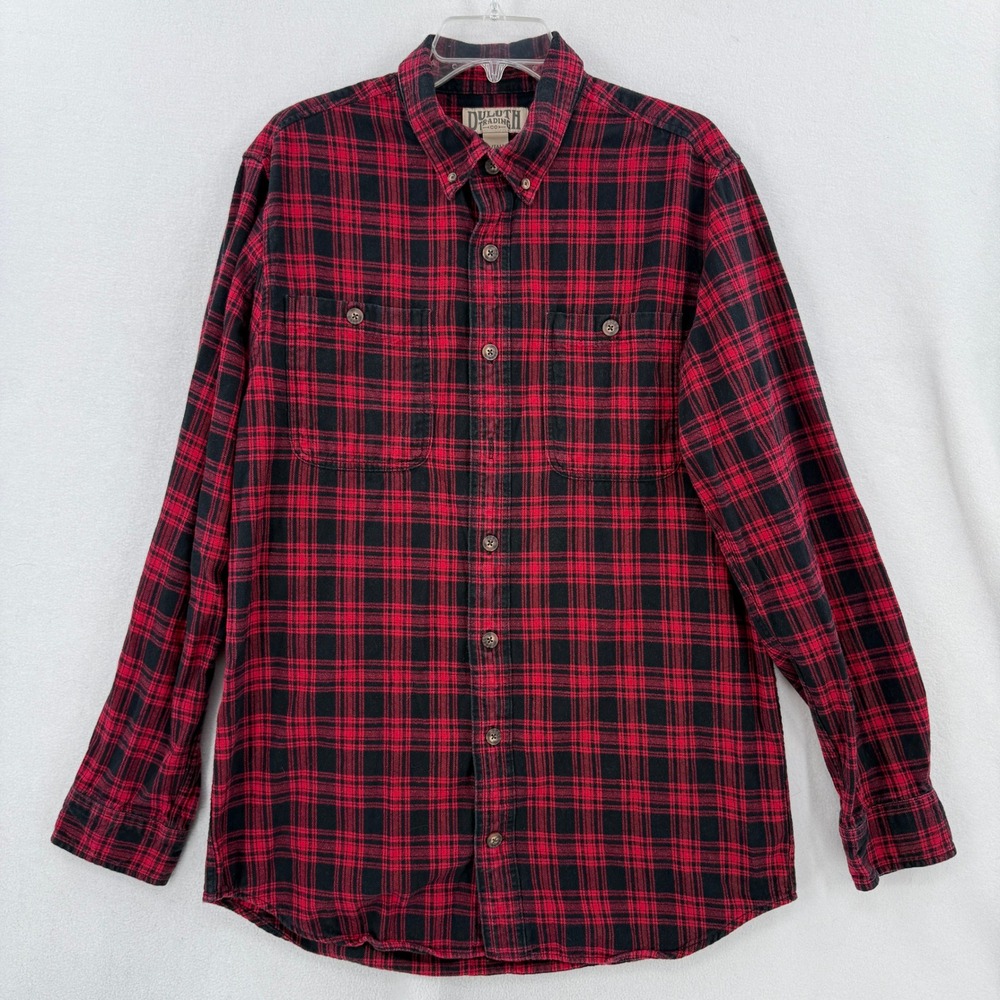 Duluth Trading Co Flannel Shirt Free Swingin Slim Fir Men L Tall Red Black Plaid